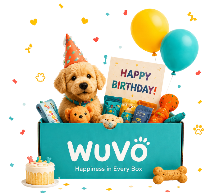 WUVO Birthday Box with dog, toys, treats and balloons